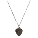 Guitar pick pendant necklace with ’Martin’ logo on a silver chain.