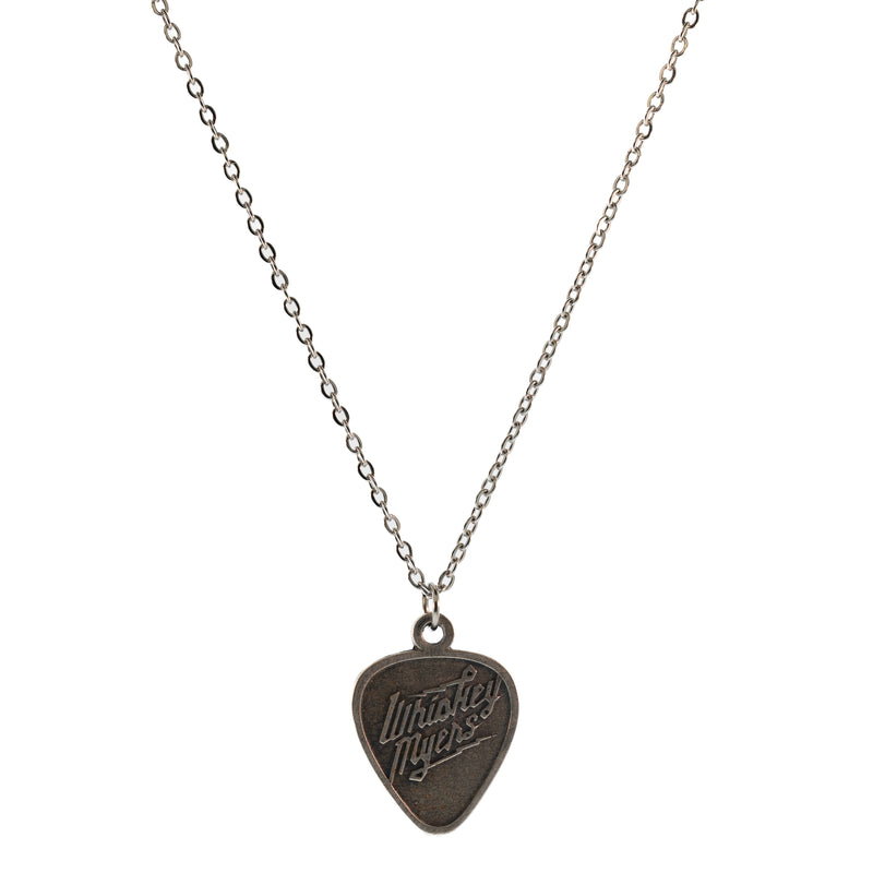 Guitar pick pendant necklace with ’Martin’ logo on a silver chain.