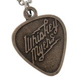 Metal guitar pick pendant with ’Whiskey Myers’ engraved on it.