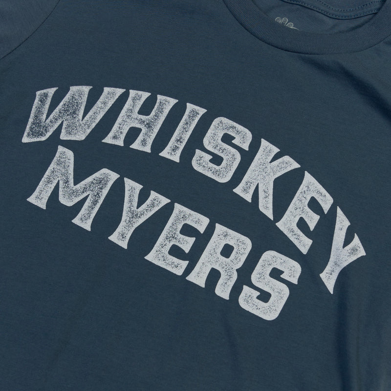 Navy blue t-shirt with ’WHISKEY MYERS’ printed in distressed white lettering.