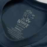 Navy blue t-shirt collar with a ’Wiggy’ brand logo printed inside.