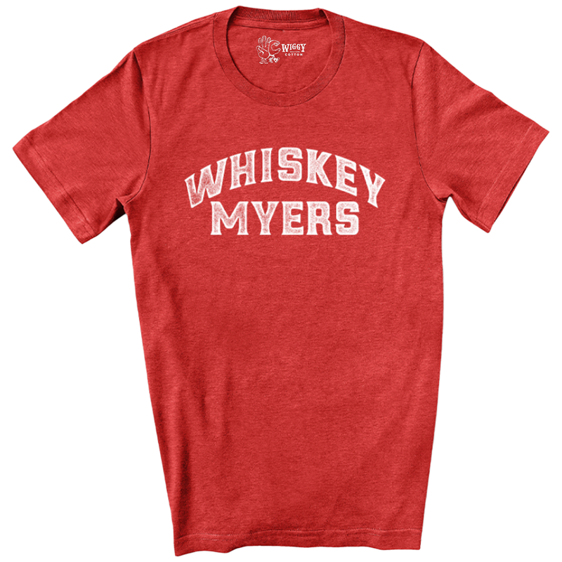 Red t-shirt with ’WHISKEY MYERS’ printed in white letters on the front.