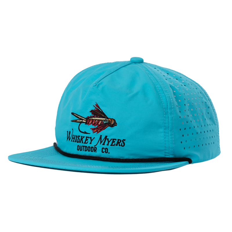 Bright teal baseball cap with a fishing lure logo and ’Whiskey Myers Outdoor Co.’ text.