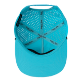 Bright turquoise baseball cap with perforated crown and branded straps.