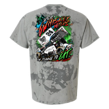 Gray t-shirt with a colorful racing-themed graphic design on the back.