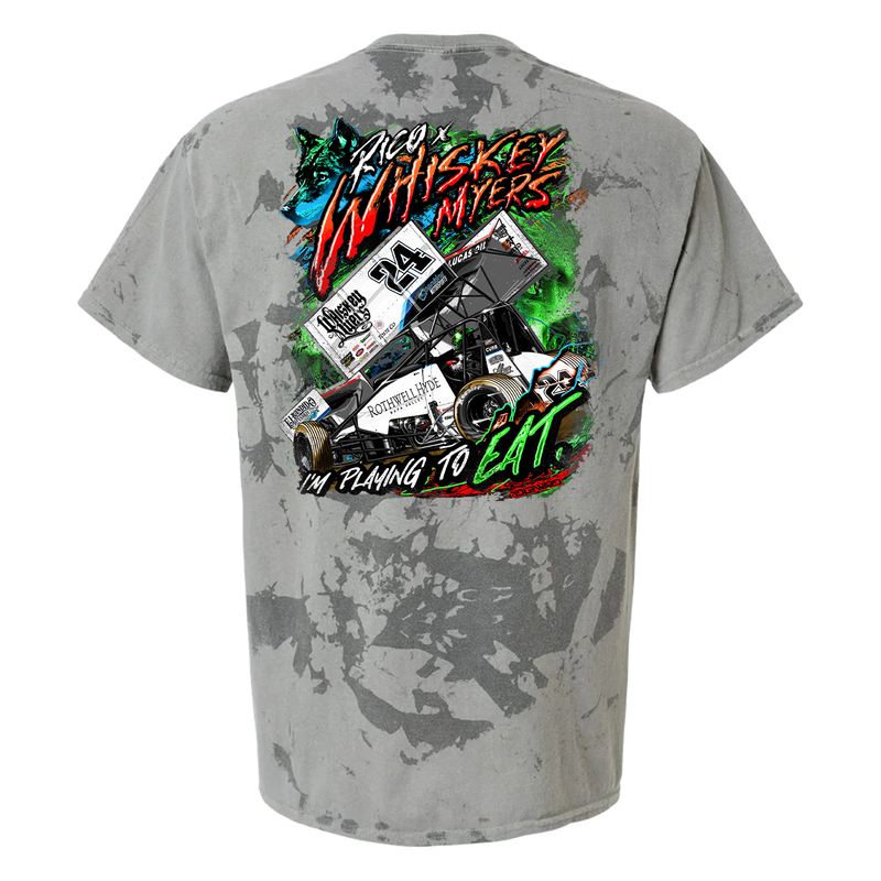 Gray t-shirt with a colorful racing-themed graphic design on the back.