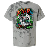 Gray t-shirt with a colorful racing car design featuring the name ’Rico’ prominently displayed.