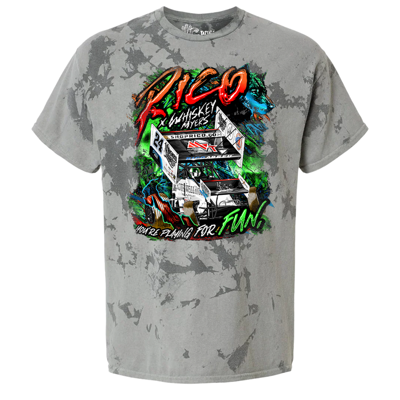 Gray t-shirt with a colorful racing car design featuring the name ’Rico’ prominently displayed.