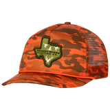 Orange camouflage trucker hat with a green Texas-shaped patch.