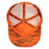 Bright orange trucker-style cap with camouflage pattern and mesh back.