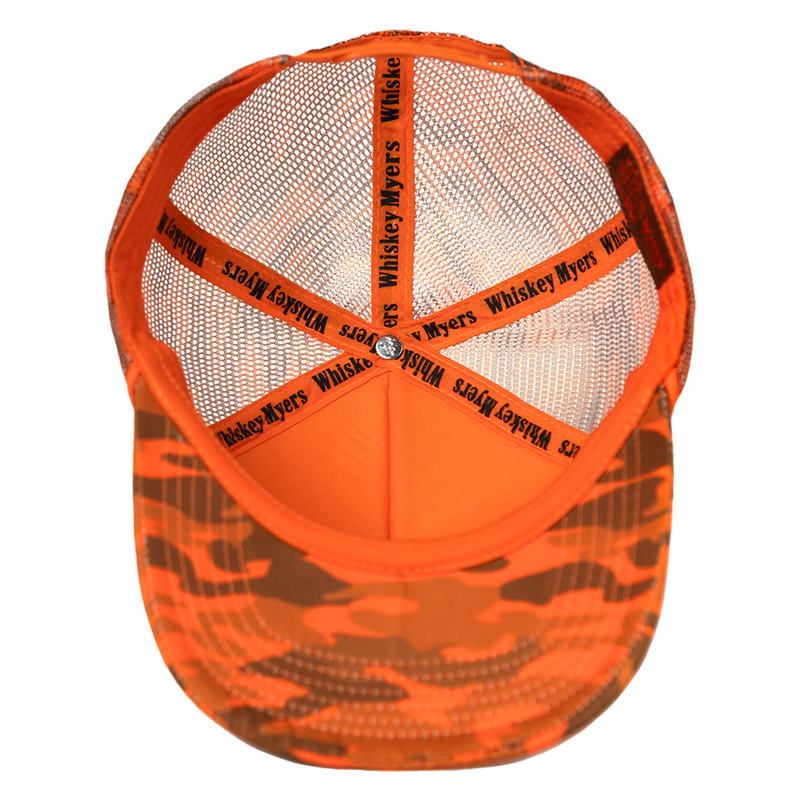 Bright orange trucker-style cap with camouflage pattern and mesh back.