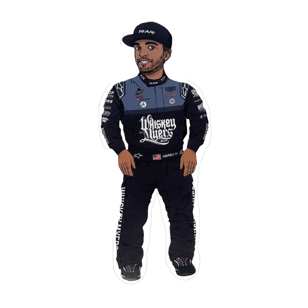 Race car driver wearing a navy blue and white racing suit with sponsor logos.