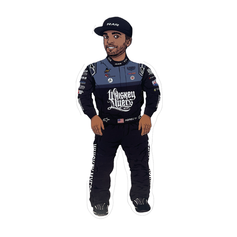 Race car driver wearing a navy blue and white racing suit with sponsor logos.