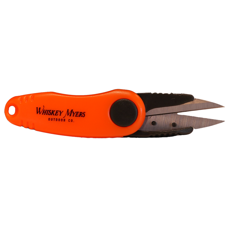 Orange-handled folding knife with ’Whiskey Myers’ branding.