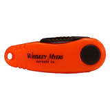 Bright orange folding knife or multi-tool with ’Whiskey Myers Outdoor Co.’ branding.