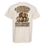 Cream-colored t-shirt with a whiskey-themed graphic design featuring barrels and text.