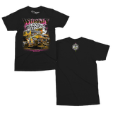 Black t-shirt with colorful racing car design on the front.