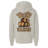 Light gray hoodie with a Whiskey Myers concert design on the back featuring wooden barrels.