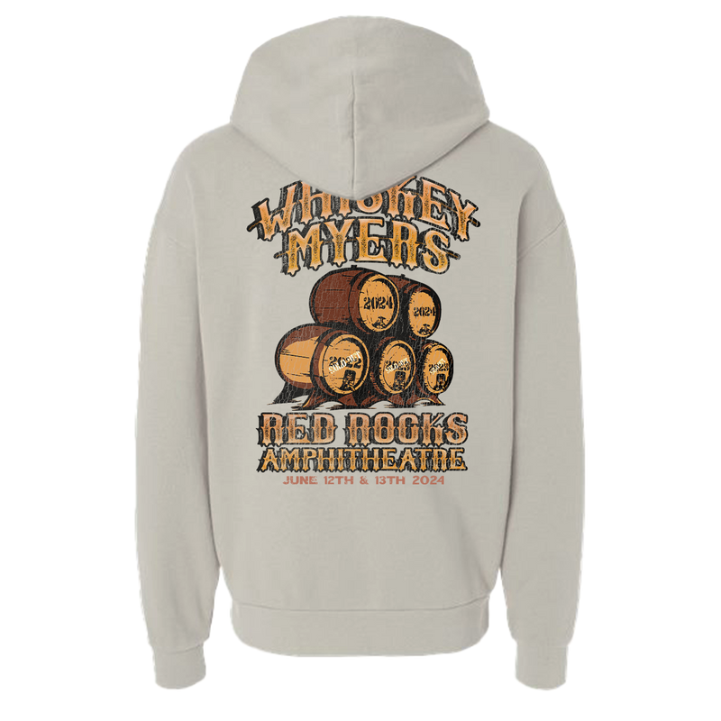 Light gray hoodie with a Whiskey Myers concert design on the back featuring wooden barrels.