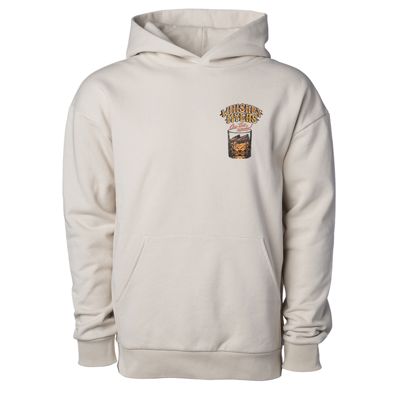 Cream-colored hooded sweatshirt with a small graphic design on the chest.