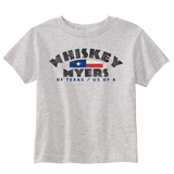 Gray t-shirt with ’WHISKEY MYERS OF TEXAS / U.S. OF A.’ text and a Texas flag design printed on the front.