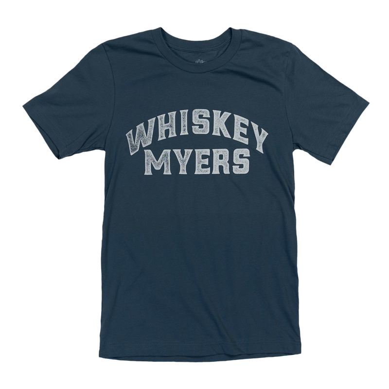 Navy blue t-shirt with ’WHISKEY MYERS’ printed in white distressed lettering across the chest.