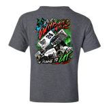 Gray t-shirt with a colorful racing-themed graphic design on the back.