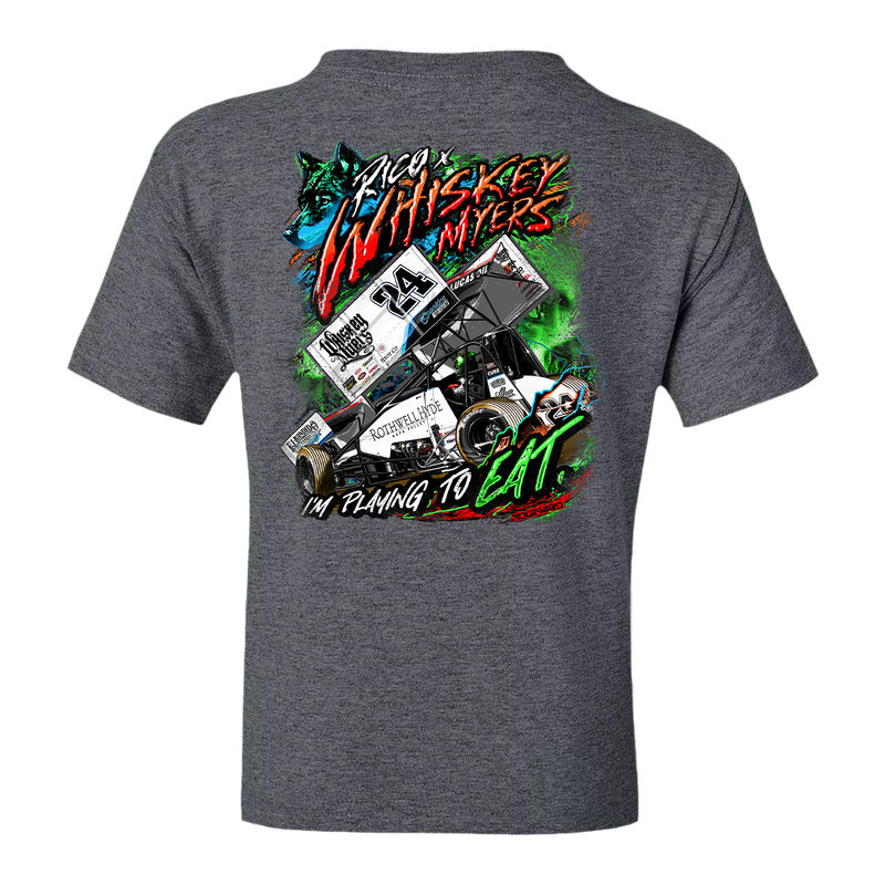 Gray t-shirt with a colorful racing-themed graphic design on the back.