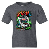 Gray t-shirt featuring a colorful racing-themed graphic design.