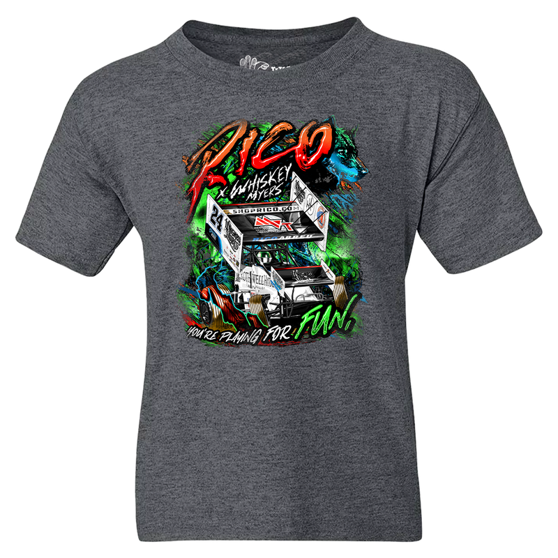 Gray t-shirt featuring a colorful racing-themed graphic design.