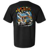 Black t-shirt with a colorful sprint car racing design on the back.