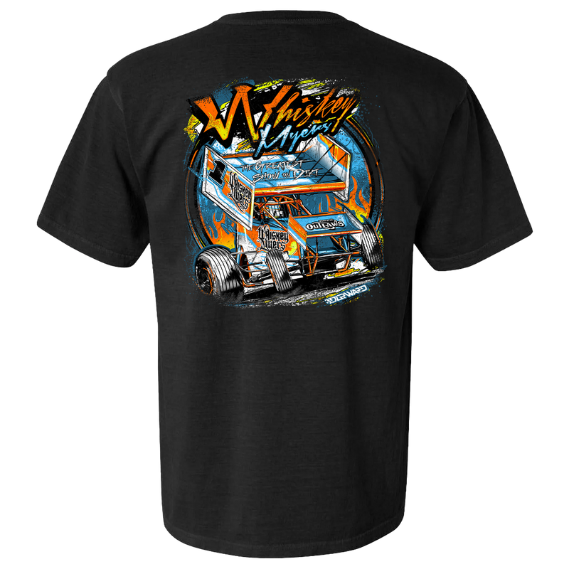 Black t-shirt with a colorful sprint car racing design on the back.