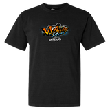 Black t-shirt with a colorful ’Wild West Outlaws’ graphic design on the front.