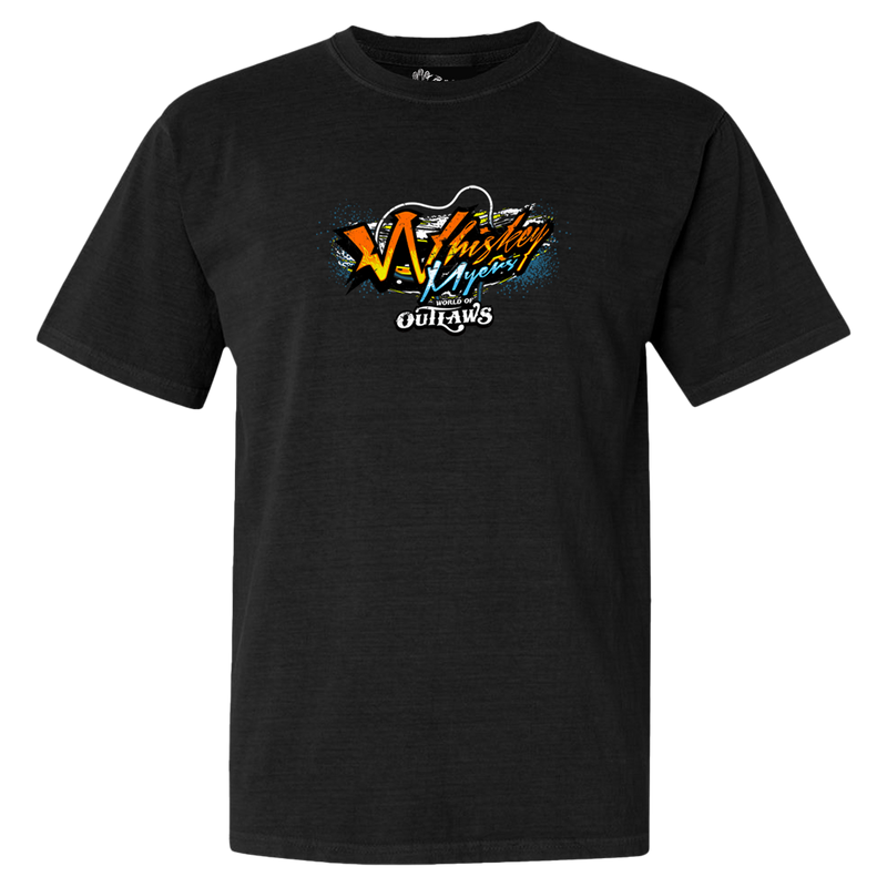 Black t-shirt with a colorful ’Wild West Outlaws’ graphic design on the front.