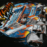 Colorful, graffiti-style illustration of a race car with visible wheels and body panels.