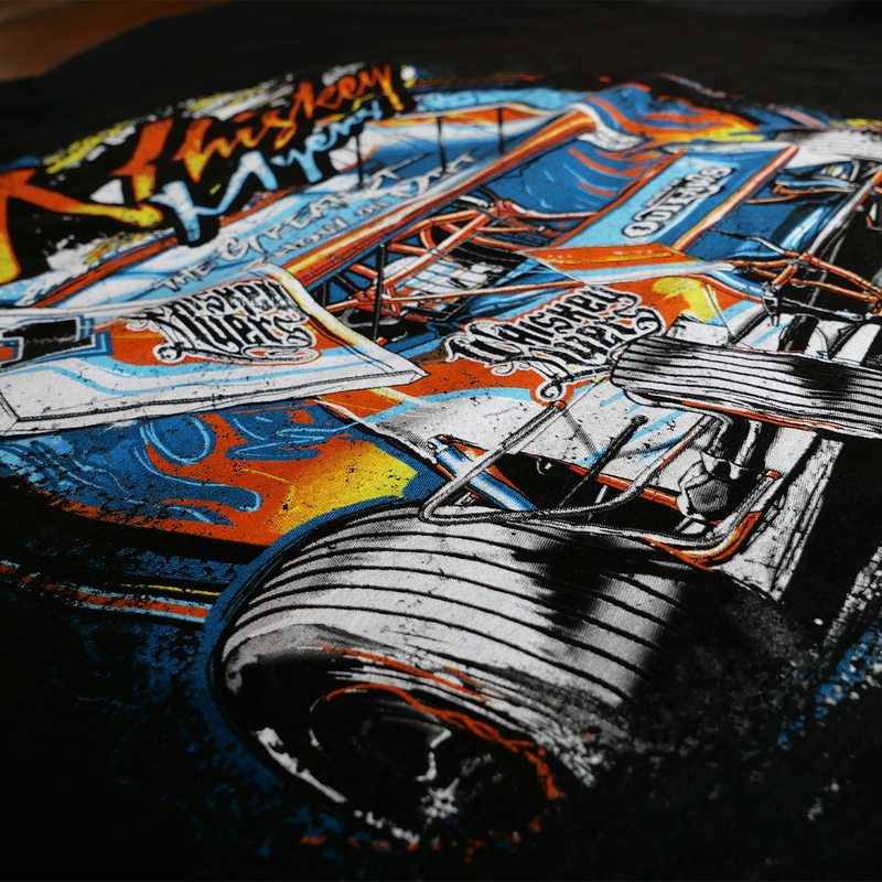 Colorful, graffiti-style illustration of a race car on what appears to be a t-shirt or fabric surface.