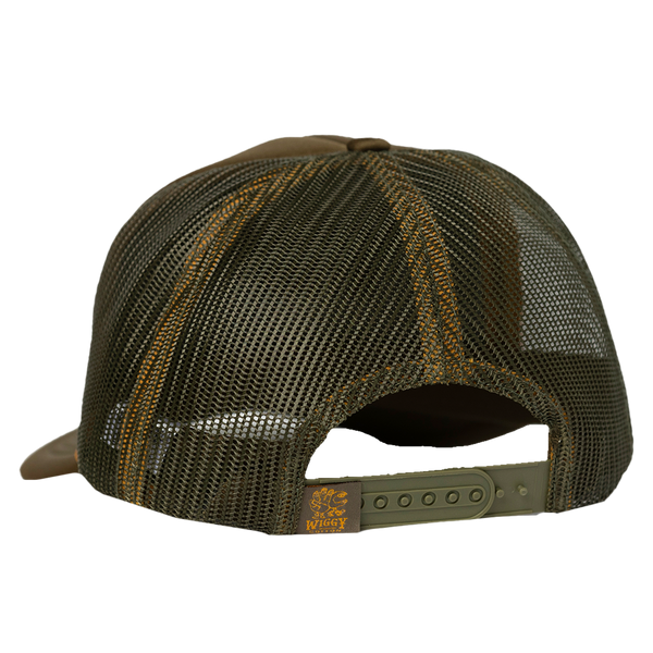 Camouflage-patterned trucker-style baseball cap with a mesh back panel.