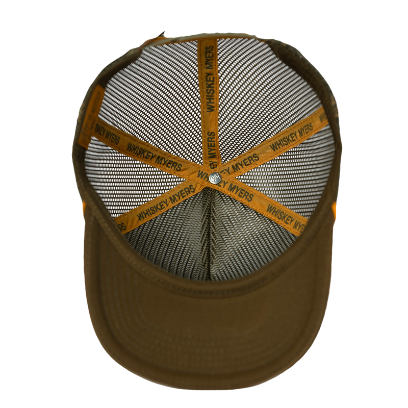 Trucker-style baseball cap with a brown brim and mesh back panels.