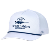 White trucker-style cap with ’Whiskey Myers Outdoor Co.’ logo and a fish silhouette.