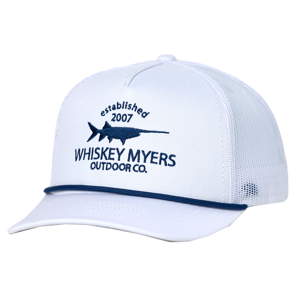 White trucker-style cap with ’Whiskey Myers Outdoor Co.’ logo and a fish silhouette.