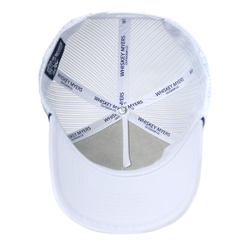 White baseball-style cap with ’Whiskey Myers’ printed on the interior seams.