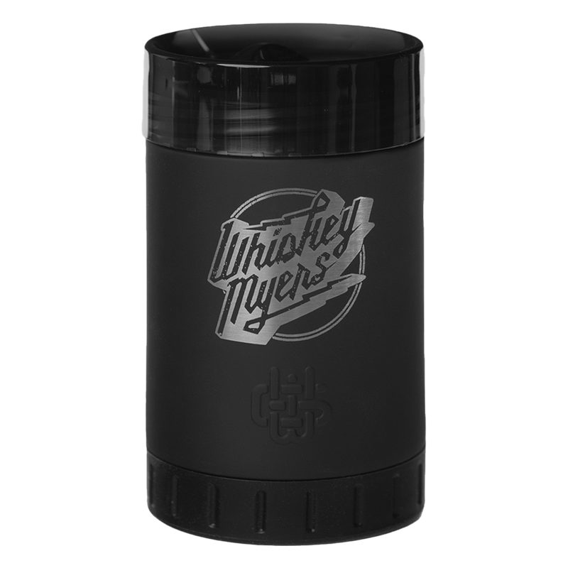 Black cylindrical container with ’Whiskey Myers’ logo printed on it.