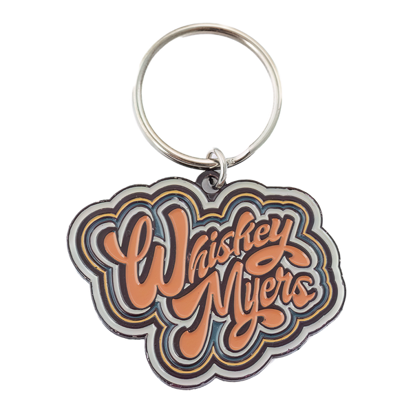 Keychain featuring a ’Whiskey Myers’ logo design in orange and metallic tones.