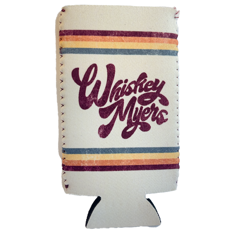 Retro-styled can cooler with ’Whiskey Myers’ text and colorful stripes.