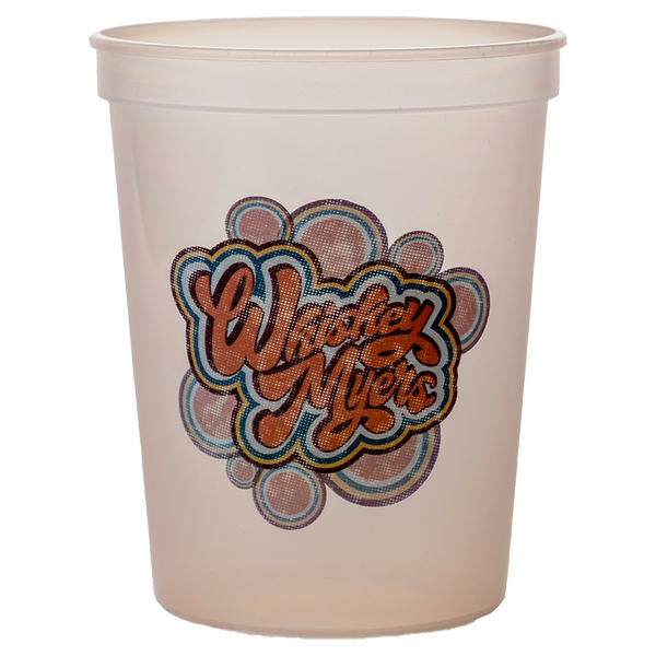 Plastic cup with a colorful ’Whoops Myers’ logo design.