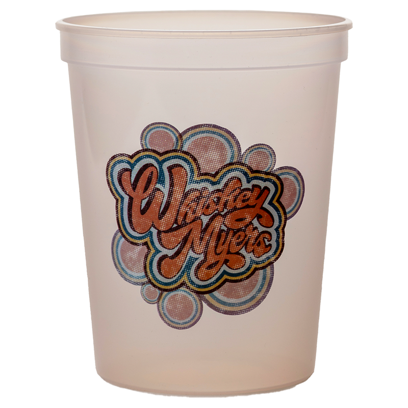 Plastic cup with a colorful ’Whoops Myers’ logo design.