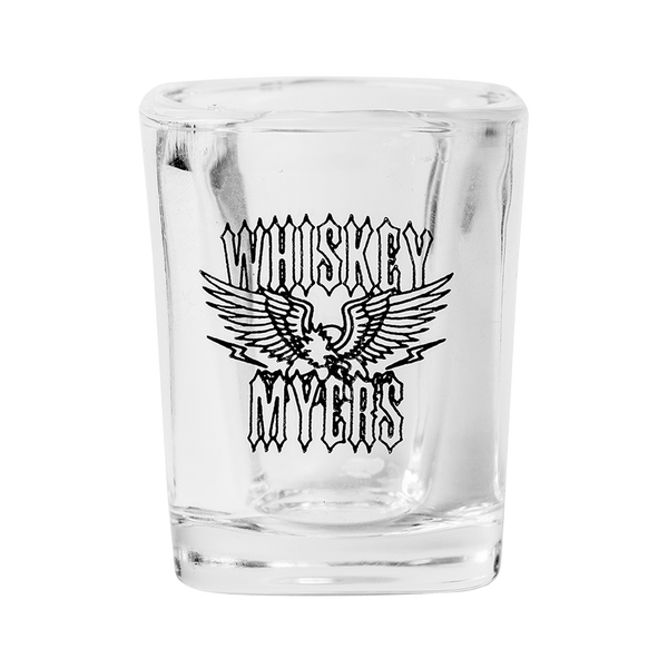 Shot glass with ’Whiskey Myers’ text and winged logo printed on it.