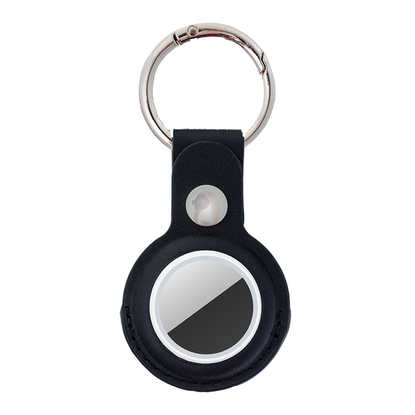 Keychain holder for an Apple AirTag tracker with a black leather strap and silver metal ring.