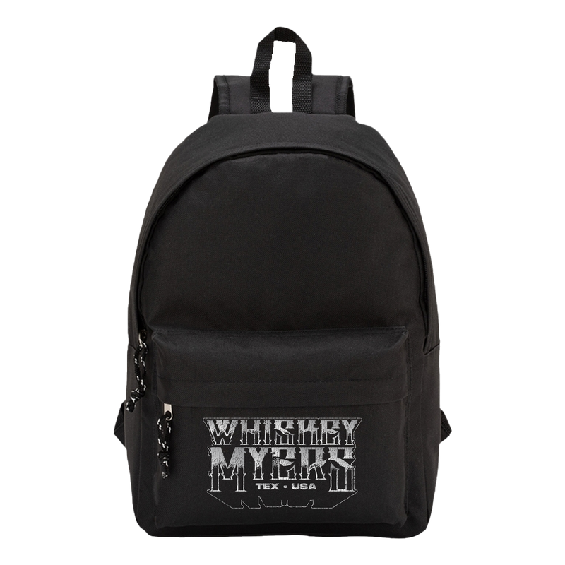 Black backpack with ’WHISKEY MYERS’ text printed on the front pocket.