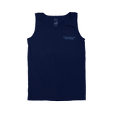 Navy blue sleeveless tank top with small text on the chest.